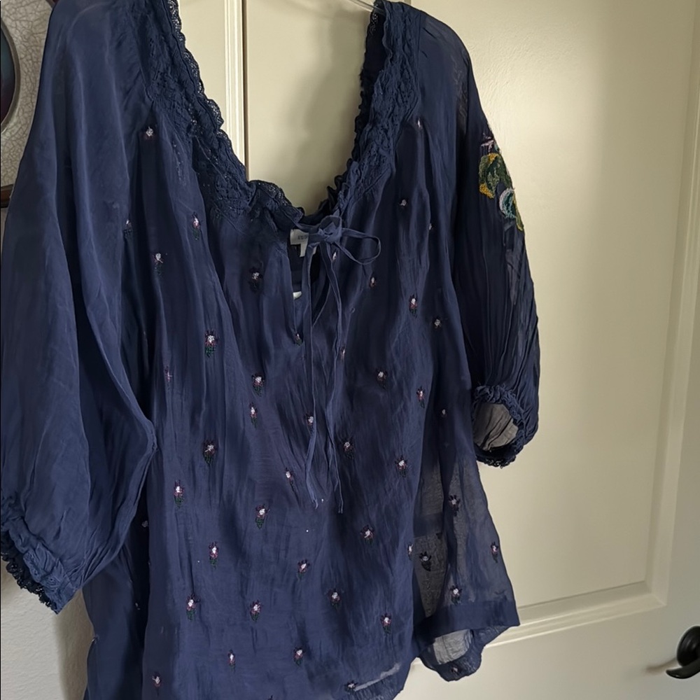 Sundance Blue and White Embellished Tie Front Blouse